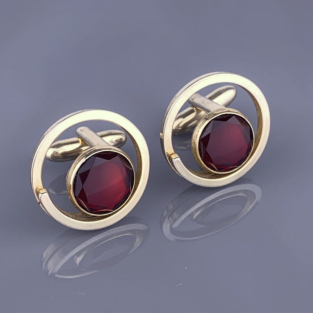 Red Cut Glass Open Circle Cufflinks Gold Tone Modernist Coil Simple Vintage